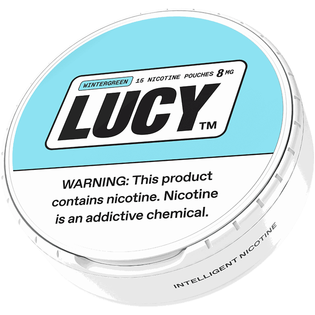 Lucy nicotine pouch container with blue and white design on a white background