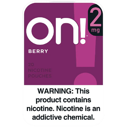 Nicotine pouch packaging with 'on!' branding and warning label on a white background
