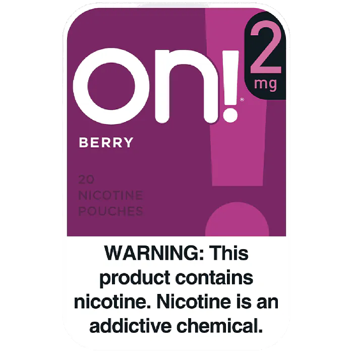 Nicotine pouch packaging with 'on!' branding and warning label on a white background