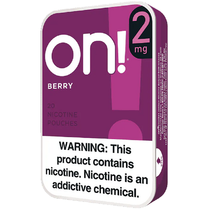 Nicotine pouch packaging with 'on!' branding and warning label on a white background