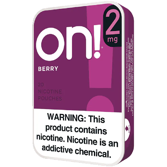 Nicotine pouch packaging with 'on!' branding and warning label on a white background