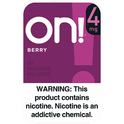 Nicotine pouch packaging with 'on!' branding and warning label on a white background