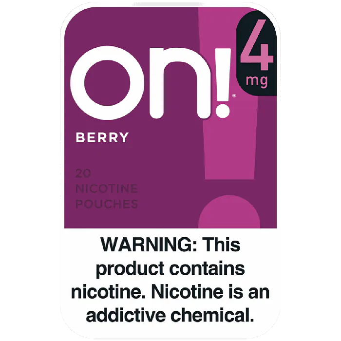 Nicotine pouch packaging with 'on!' branding and warning label on a white background