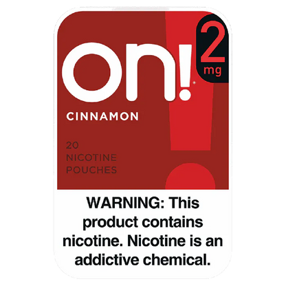 Nicotine pouch packaging with 'on!' branding and warning label.
