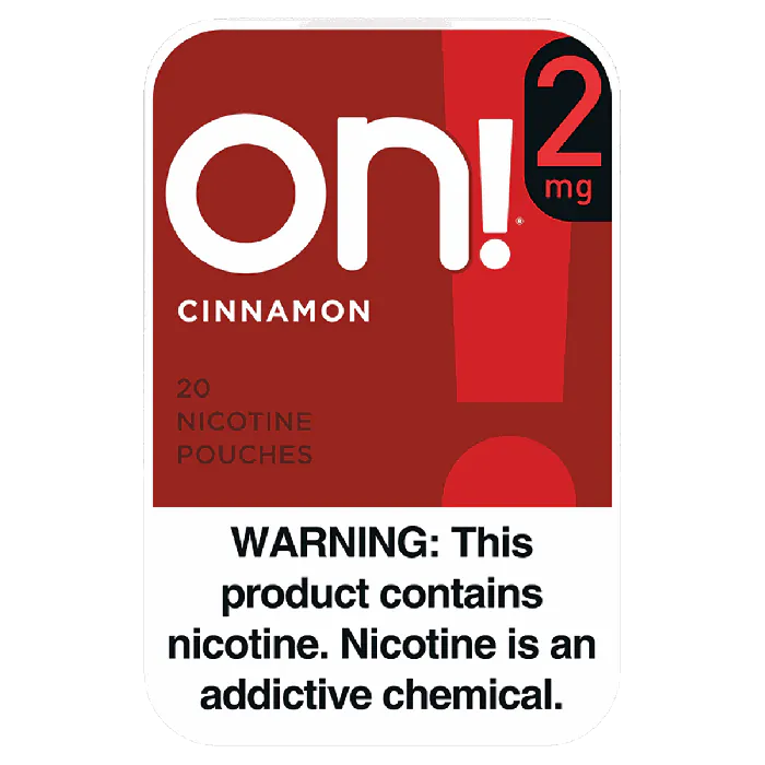 Nicotine pouch packaging with 'on!' branding and warning label.