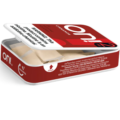 Red and white container of ON! mint pouches with visible text and branding.