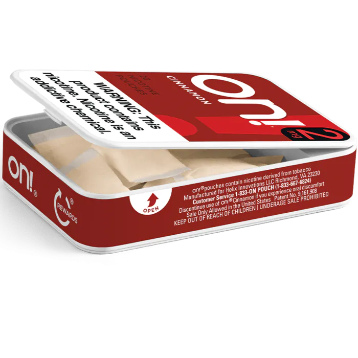 Red and white container of ON! mint pouches with visible text and branding.