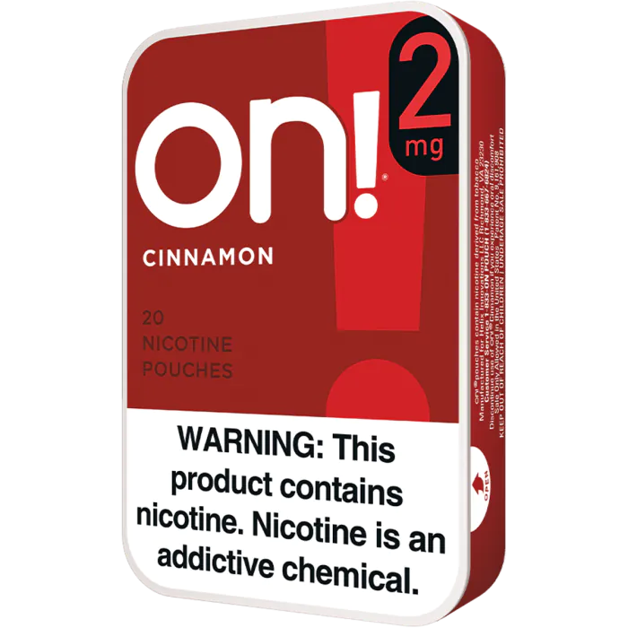 Red and white packaging of on! 2 mg cinnamon nicotine pouches with warning label.