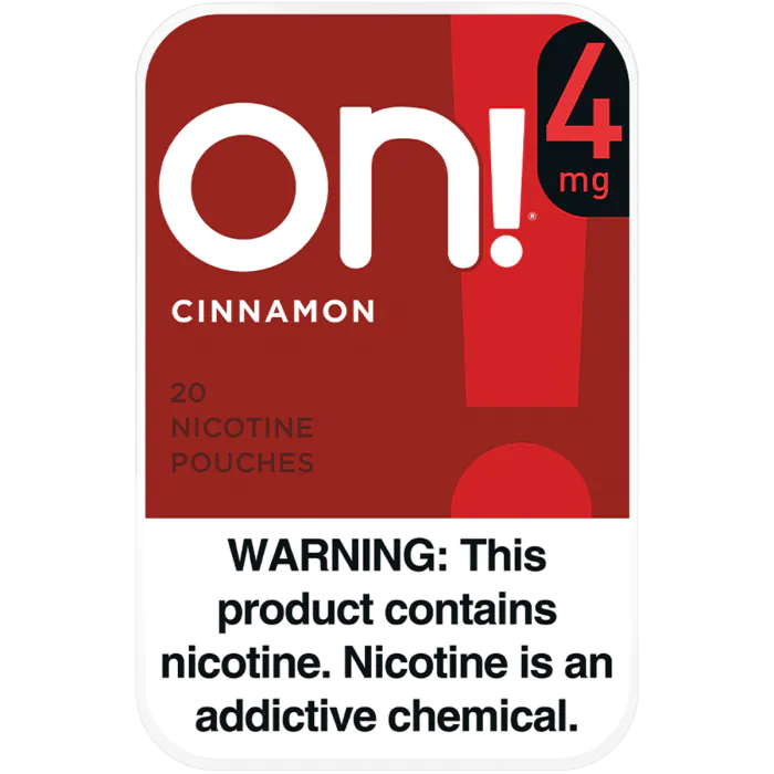 Red packaging of on! 4mg Cinnamon nicotine pouches with warning label.