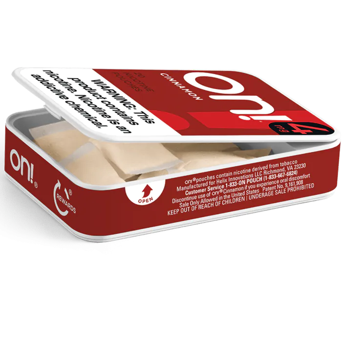 Red and white container of ON! patches with text on a white background
