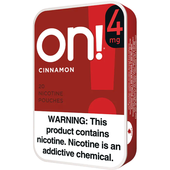 Red and white packaging of on! 4mg cinnamon nicotine pouches with warning label.