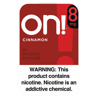 Nicotine pouch packaging with 'on!' branding and warning label.