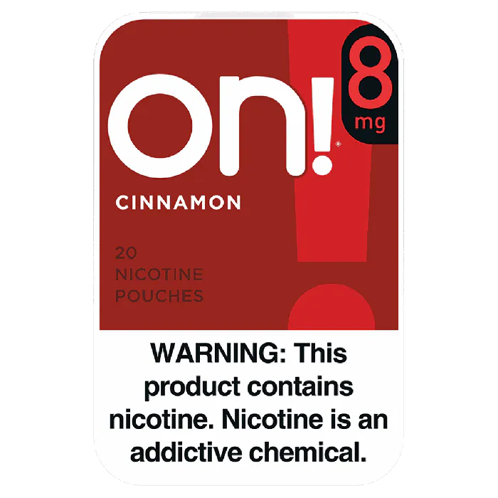 Nicotine pouch packaging with 'on!' branding and warning label.