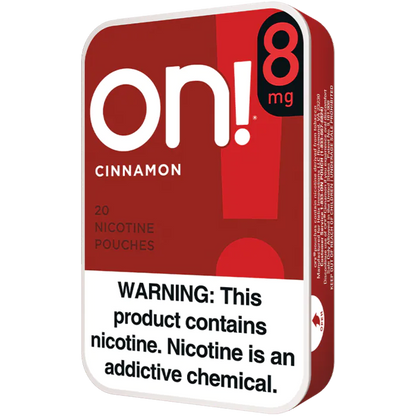 Red packaging of on! 8 mg cinnamon nicotine pouches with warning label.