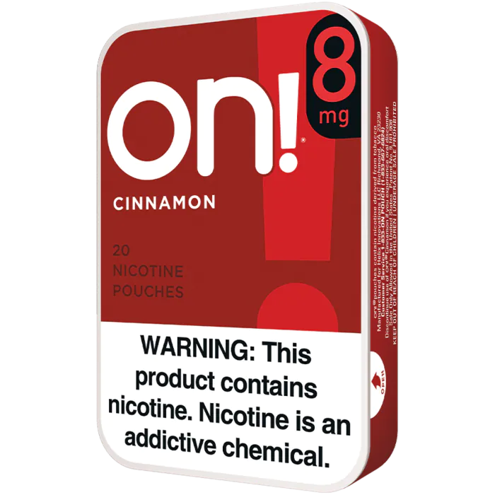 Red packaging of on! 8 mg cinnamon nicotine pouches with warning label.