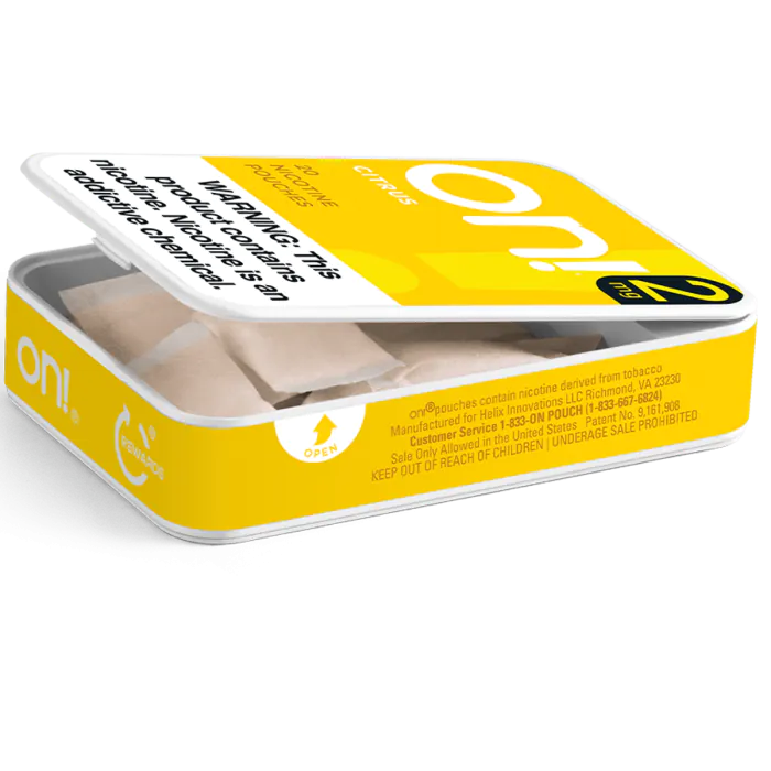 on! Citrus 2MG - Nicotine Pouches open can showing pouches
