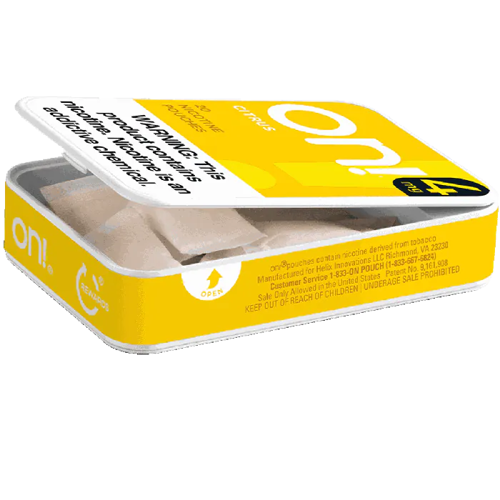 on! Citrus 4MG - Nicotine Pouches open can showing pouches