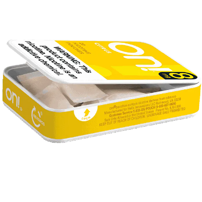 on! Citrus 8MG - Nicotine Pouches open can showing pouches