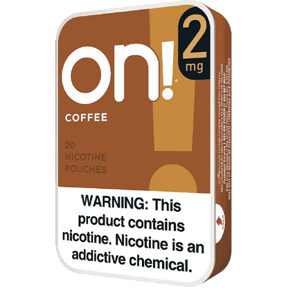 Pack of on! coffee nicotine pouches with warning label on a white background
