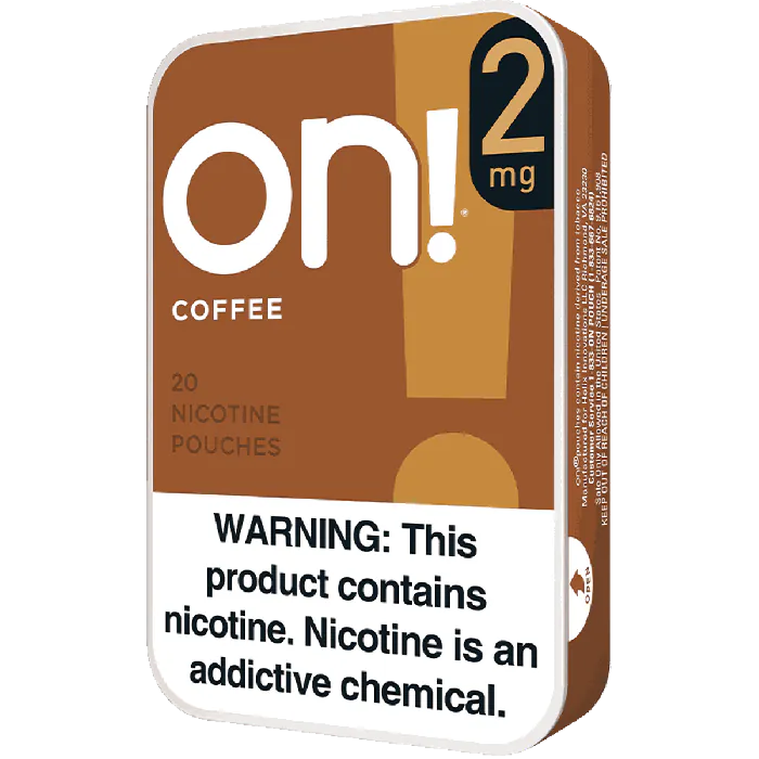 Pack of on! coffee nicotine pouches with warning label on a white background