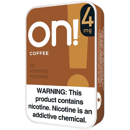 Pack of 'on!4' coffee-flavored nicotine pouches with warning label on a white background