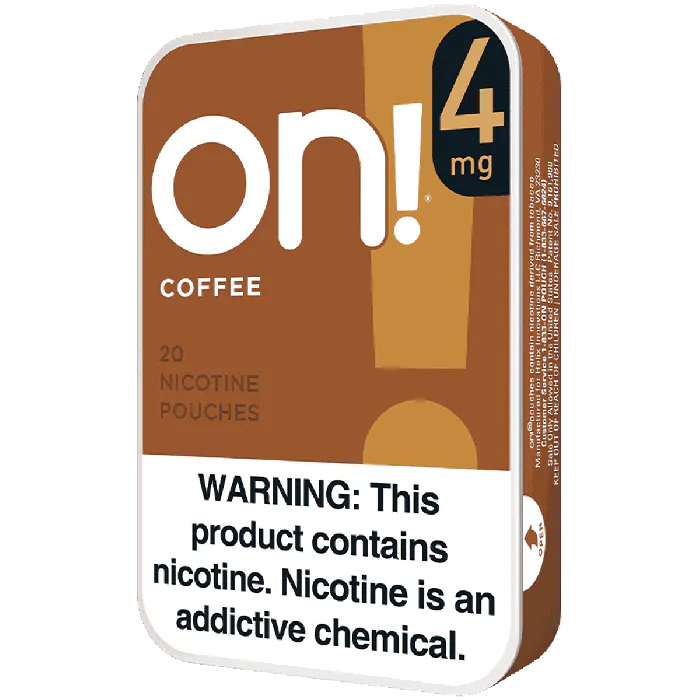Pack of 'on!4' coffee-flavored nicotine pouches with warning label on a white background