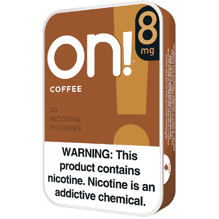 Packaging of on! Coffee with nicotine pouches, showing branding and warning label.