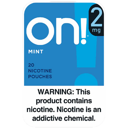 On! 2mg nicotine pouches packaging with warning label on a white background