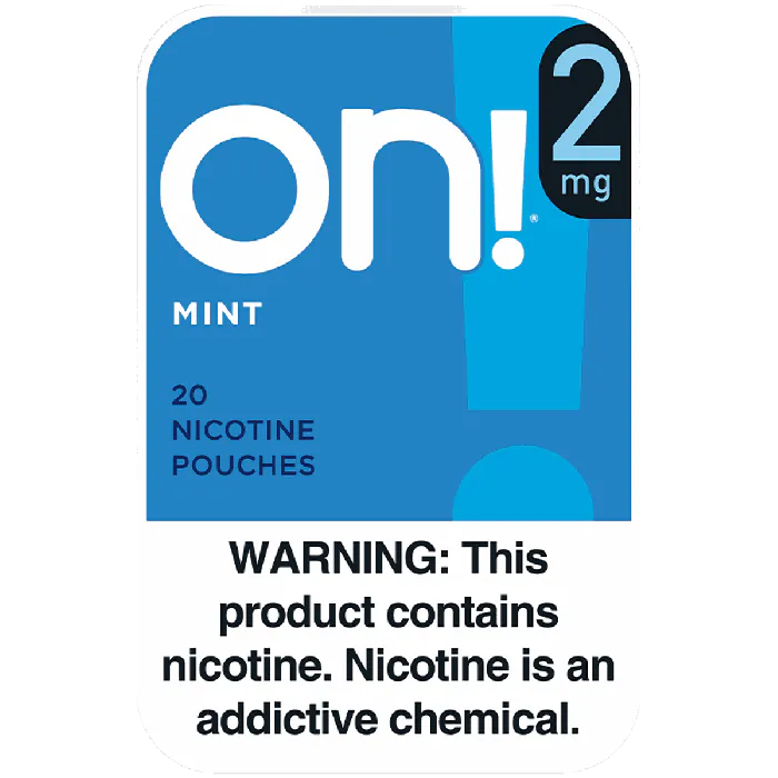 On! 2mg nicotine pouches packaging with warning label on a white background