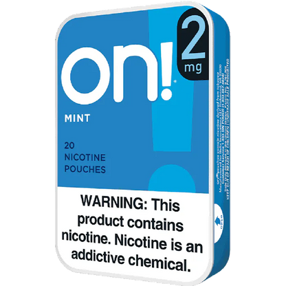 Blue packaging of on! 2mg nicotine pouches with warning label