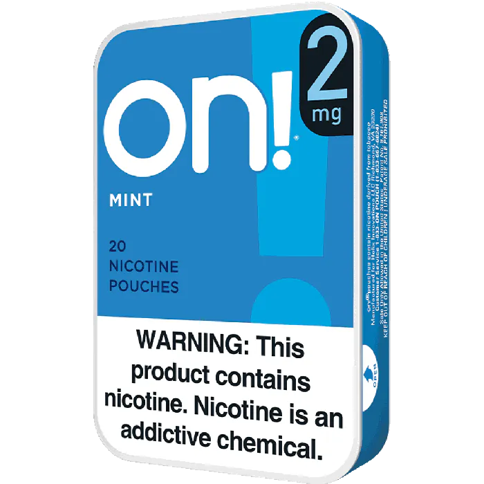 Blue packaging of on! 2mg nicotine pouches with warning label