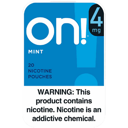 On! 4mg nicotine pouches packaging with blue background and white text