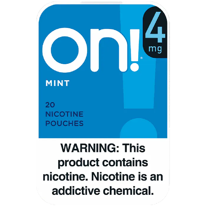 On! 4mg nicotine pouches packaging with blue background and white text