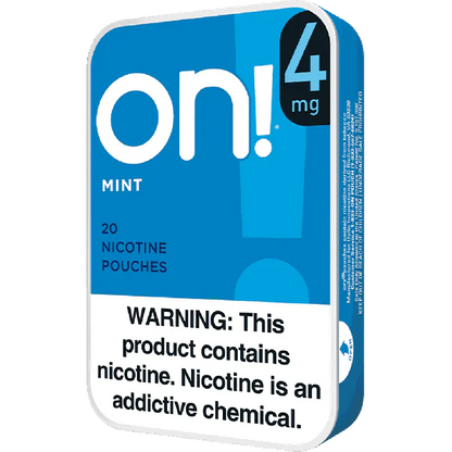 Blue packaging of on! nicotine pouches with warning label