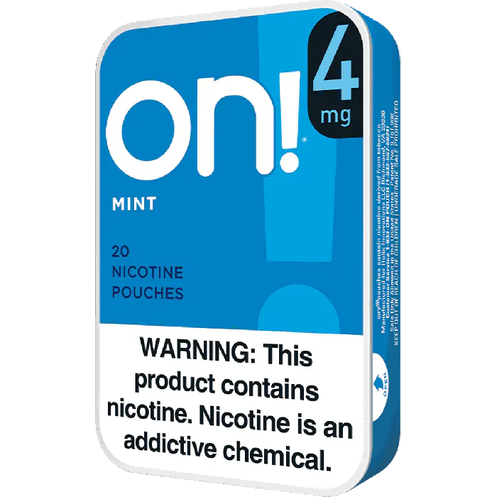 Blue packaging of on! nicotine pouches with warning label