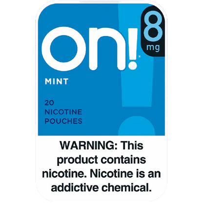 On! 8mg nicotine pouches packaging with warning label on a white background