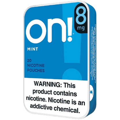 Pack of on! 8 mg nicotine pouches with blue and white design