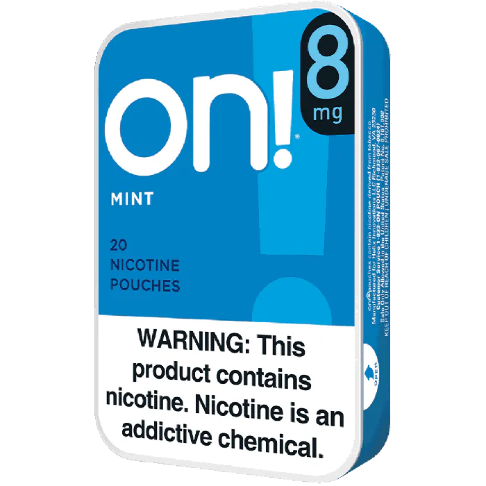Pack of on! 8 mg nicotine pouches with blue and white design