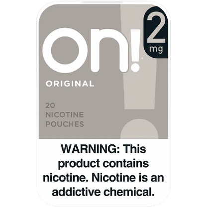 Nicotine pouches packaging with 'on!' branding and nicotine warning label.