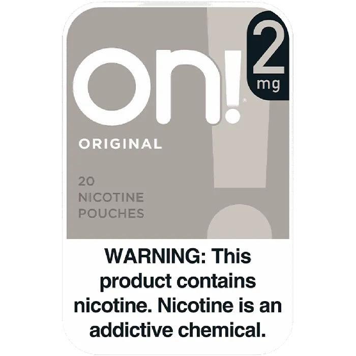 Nicotine pouches packaging with 'on!' branding and nicotine warning label.