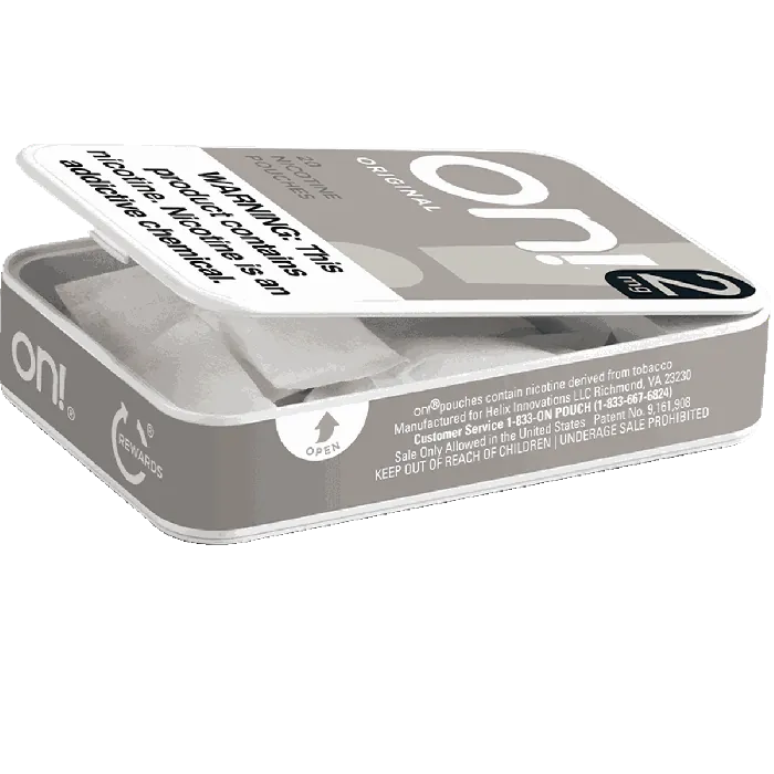 On nicotine pouches packaging on a white background