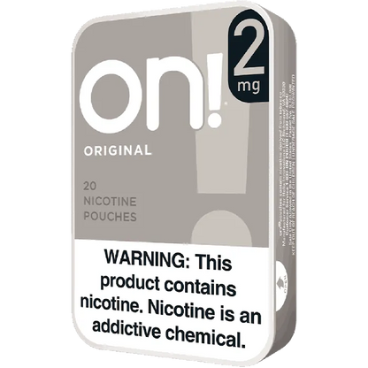 Pack of nicotine pouches with 'on!' branding and warning label on a white background