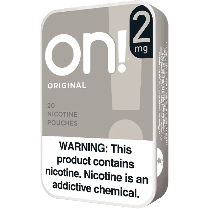 Pack of nicotine pouches with 'on!' branding and warning label on a white background