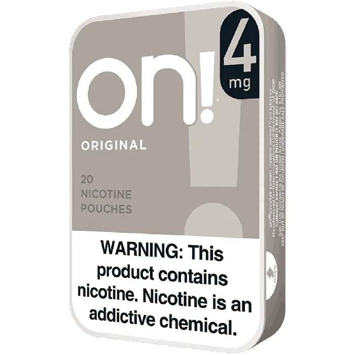Nicotine pouch packaging with 'on!' branding and nicotine warning label.