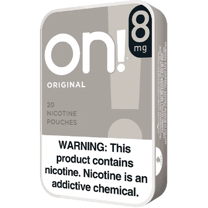 Nicotine pouch packaging with 'on!' branding and nicotine warning label.