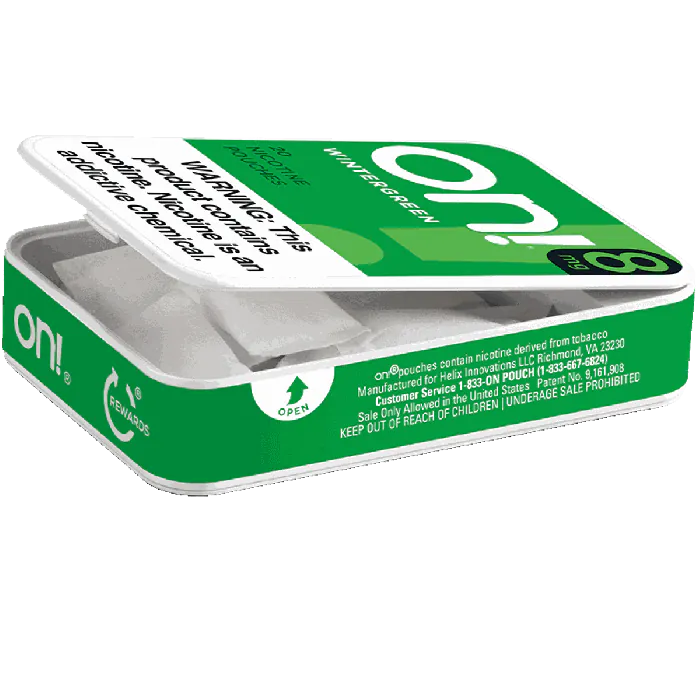 on! Wintergreen 8MG - Nicotine Pouches open can showing pouches