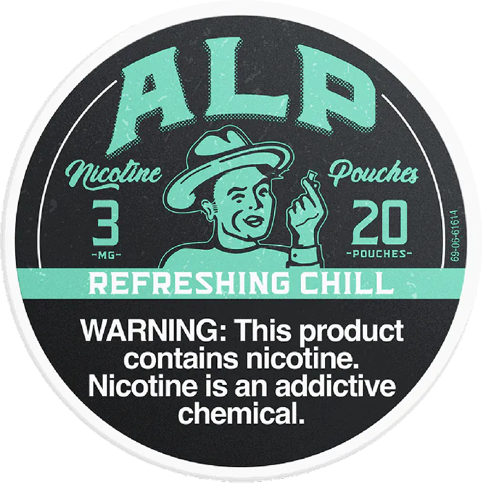 Nicotine pouch container with branding and warning text on a black background