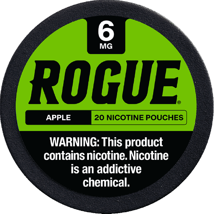 Round container of Rogue nicotine pouches with green label and black border.
