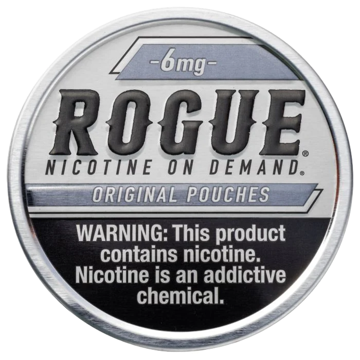 Rogue nicotine pouch packaging with warning label on a white background