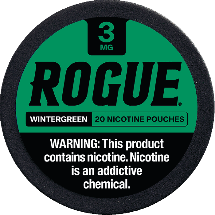Rogue nicotine pouch container with green label and black border